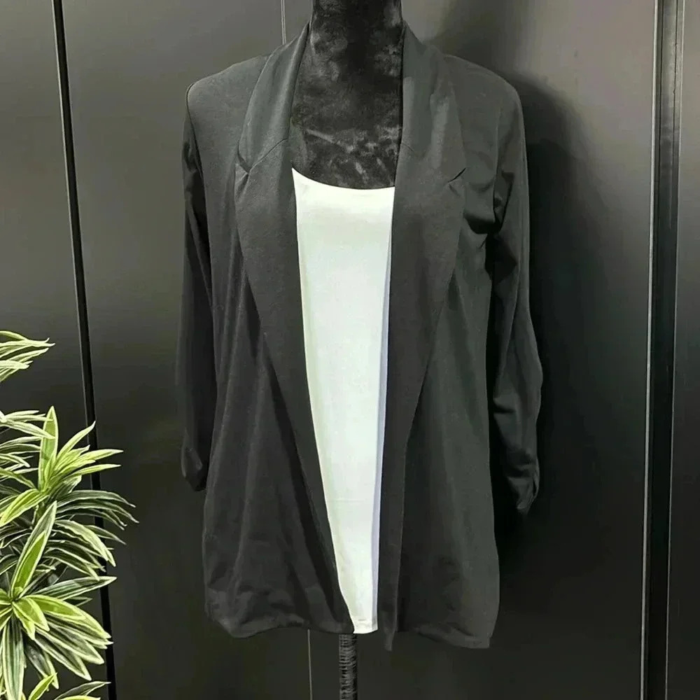 August Silk Cardigan,open front,collar,ruched sleeves,long,sheer rayon back